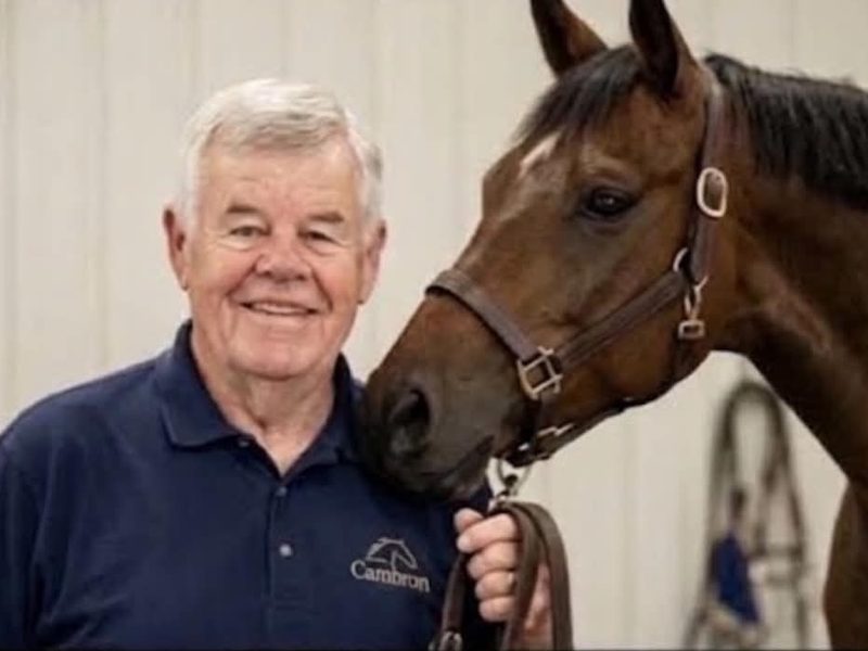 Frankie Cambron with a dark bay horse in the barn